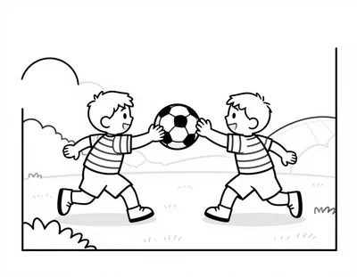 Kleurplaat van twee kinderen in gestreepte shirts die een voetbal naar elkaar overspelen op een grasveld naast een groot stadion