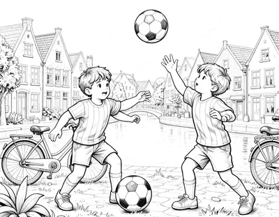 Kleurplaat van twee kinderen in gestreepte shirts die voetballen op een kade met fietsen en grachtenpanden