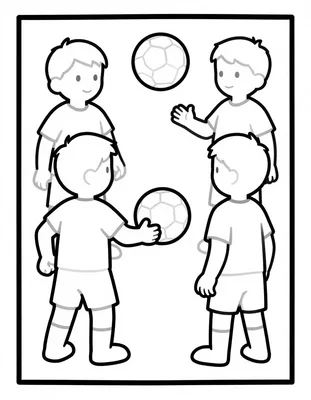 Kleurplaat met vier kinderen in sportkleding die met twee voetballen op een plein spelen.