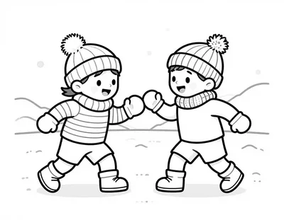 Kleurplaat van twee kinderen in gestreepte shirts en mutsen die in de sneeuw tegen een bal trappen.