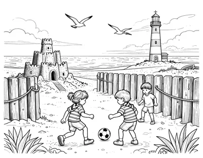 Kleurplaat van drie kinderen in gestreepte shirts die voetballen tussen houten paalhoofden op het strand, met een zandkasteel, meeuwen en een vuurtoren op de achtergrond.