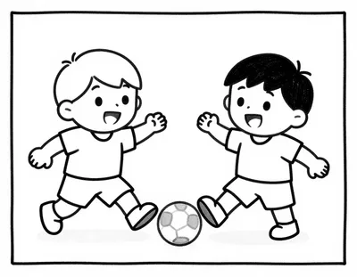 Kleurplaat van twee blije kinderen die op een klein buurtveldje een bal naar elkaar trappen.