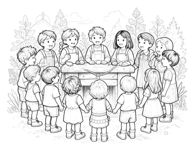 Kleurplaat van een groep kinderen die hand in hand rond een haardvuur zingen, met schoenen op een rij en planten op de achtergrond.
