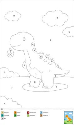 Kleurplaat met een babydinosaurus die een klein vlammetje blaast, met genummerde vlakken en een kleurenlegenda onderaan.