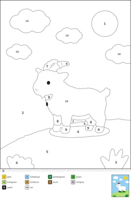 Kleurplaat van een geit die op een skippybal probeert te springen op een bergpad, met genummerde vakjes en een kleurenlegenda onder de stippellijn.