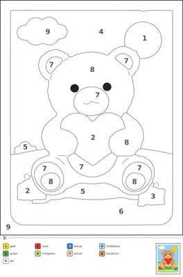 Kleurplaat van een grote teddybeer die een hart vasthoudt en op cadeaus zit, met genummerde vakken en een kleurenlegenda onder de kniprand.