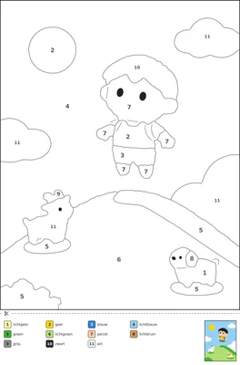 Kleurplaat op nummer van een chibi superheld met een groot hoofd die bovenop een berg een verdwaalde geit redt, met cijfers in elk vak en een kleurenlegenda onderaan.