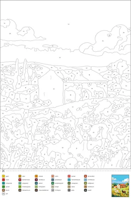 Kleurplaat op nummer van een Toscaans landschap met een Italiaans huis, een blauwe lucht en een geit, met genummerde vakjes en een kleurenlegenda onderaan.