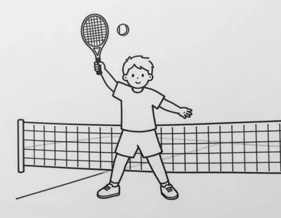 Kleurplaat van een kleuter in tennisoutfit die met een klein racket een bal over een laag net slaat op een tennisbaan.