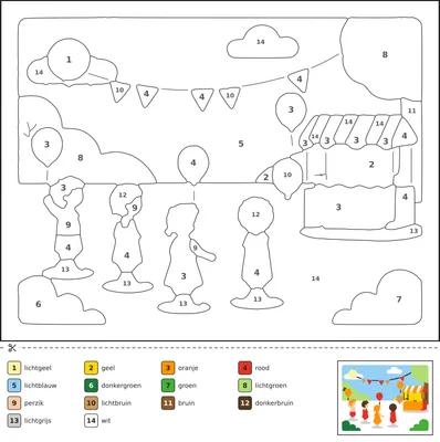 Kleurplaat van een Koningsdag straatfeest met kinderen in oranje kleding, ballonnen, vlaggetjes en een vrijmarkt kraam met speelgoed.