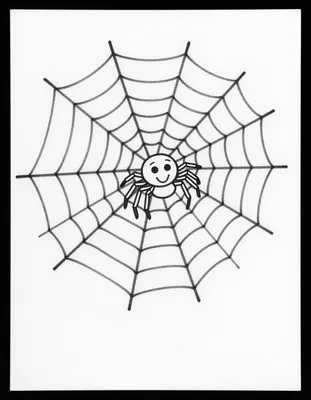 Kleurplaat van een vrolijk spinnetje in een groot spinnenweb tussen twee herfsttakken.