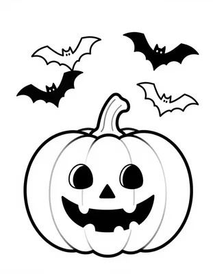 Kleurplaat van een lachende pompoen met vier vleermuizen erboven, in een halloweenscene.