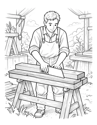 Kleurplaat van een man in een schort die met een handzaag een houten plank doorzaagt op een schraag in een werkplaats.