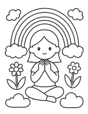 Kleurplaat van een meisje met gevouwen handen dat zit onder een regenboog met bloemen en wolken eromheen.