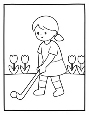 Kleurplaat van een meisje dat met een hockeystick een bal slaat, met tulpen en een gracht op de achtergrond.
