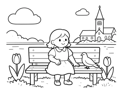 Kleurplaat van een meisje in traditionele kleding dat een witte duif loslaat op een houten bankje aan de gracht, met tulpen en een kerk op de achtergrond.