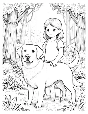 Kleurplaat van een meisje dat haar hand op de rug van een labrador legt, samen in een bos met hoge bomen en struiken.