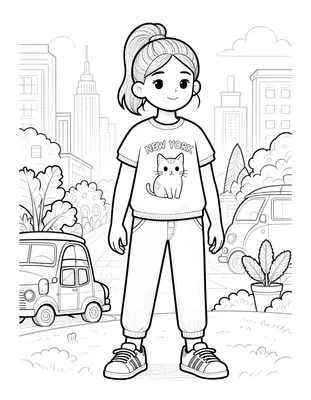 Kleurplaat van een meisje met een hoge paardenstaart in een shirt met een kat en de tekst New York, staand op straat tussen gebouwen en auto's.