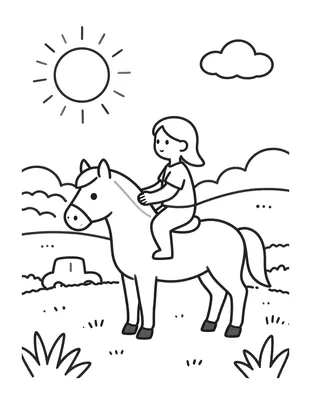 Kleurplaat van een meisje dat op een paard zit in een weiland met zon, wolken en graspollen.