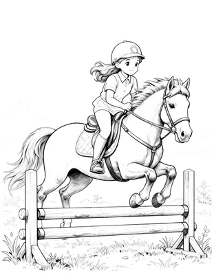 Kleurplaat van een meisje in Halloweenoutfit op een paard dat over een hindernis springt.