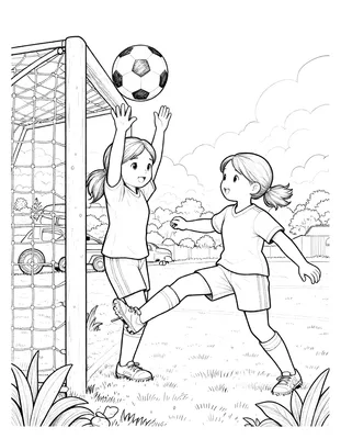 Kleurplaat van een meisje dat een voetbal in de bovenhoek van het doel schiet, terwijl de keepster omhoog springt.