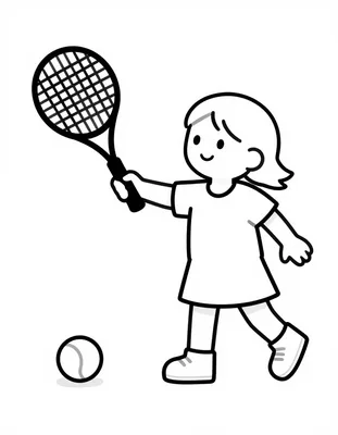 Kleurplaat van een meisje dat een tennisracket krijgt van Sinterklaas, met een tennisbal naast haar schoen.