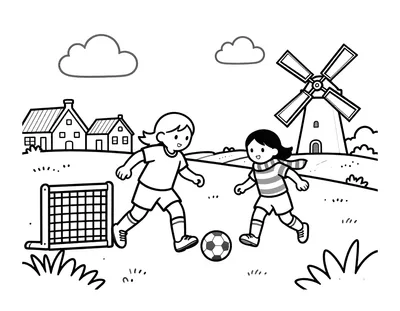 Kleurplaat van een meisje in een gestreept voetbalshirt dat een bal langs een klein doel dribbelt, met Hollandse grachtenpanden en een molen op de achtergrond.