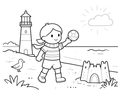 Kleurplaat van een meisje in een gestreept voetbalshirt dat een bal hoog houdt op het strand, met een vuurtoren, meeuw en zandkasteel op de achtergrond.