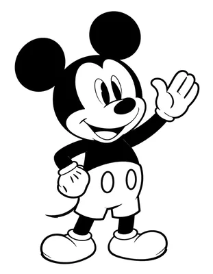 Kleurplaat van Mickey Mouse die lachend zwaait met één hand in een vrolijke buitenomgeving.