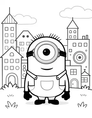 Kleurplaat van een Minion met één groot oog die voor hoge gebouwen, gras en wolken staat.