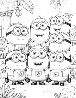 Kleurplaat met zeven Minions die samen spelen in een vrolijke tuin met planten en bladeren.