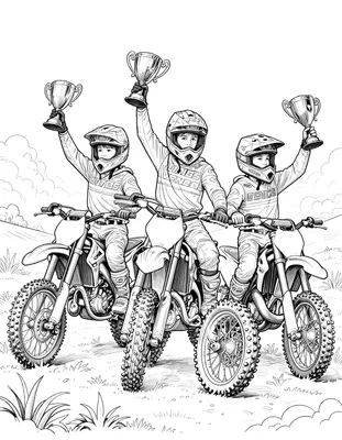 Kleurplaat van drie motocrossers met helm op een winnaarspodium die bekers omhooghouden, met crossmotoren naast het podium.