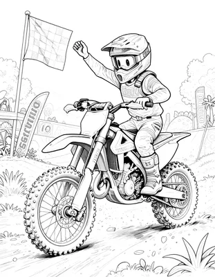 Kleurplaat van een motocrosser op een motor die met een opgestoken vuist over de finishlijn rijdt, met een geblokte vlag en sponsorbanen op de achtergrond.