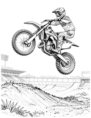 Kleurplaat van een motocrosser op een crossmotor die hoog door de lucht springt boven een stadioncircuit.