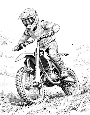 Kleurplaat van een motocrosser die in een modderige bocht opspat, met helm, crossmotor en veel detail in de spetters en het landschap.