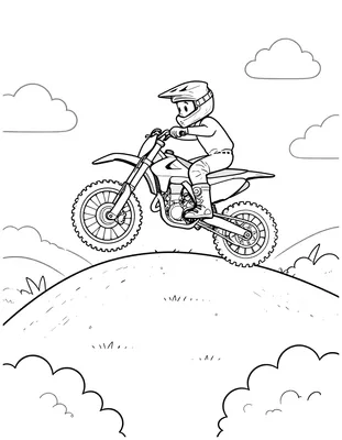 Kleurplaat van een motocrosser die met zijn crossmotor over een heuvel springt, met wolken en graspollen op de achtergrond.