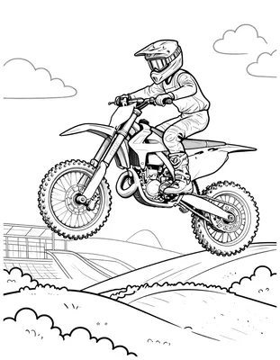 Kleurplaat van een motocrosser op een crossmotor die hoog door de lucht springt boven een stadioncircuit.