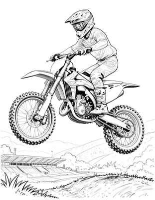 Kleurplaat van een motocrosser op een crossmotor die hoog door de lucht springt boven een stadioncircuit.