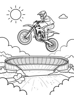 Kleurplaat van een motocrosser op een crossmotor die hoog door de lucht springt boven een groot stadion, met zon en wolken op de achtergrond.
