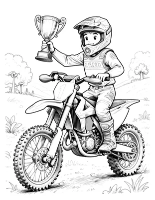 Kleurplaat van een jonge motocrossrijder op een crossmotor die een grote beker omhooghoudt.