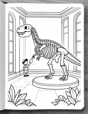 Kleurplaat van een museummedewerker die voorzichtig een groot dinosaurus skelet afstoft in een museumzaal met hoge ramen.