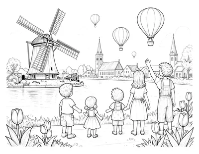 Kleurplaat van een Nederlands gezin op een terras aan een gracht met molen, kerk, tulpen en luchtballonnen
