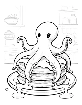 Kleurplaat van een octopus die pannenkoeken bakt in de keuken, met beslag dat rondspettert.