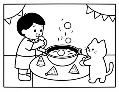 Kleurplaat van een kind dat oliebollenbeslag in een frituurpan laat vallen, terwijl een kat toekijkt bij een feestelijke tafel met feesthoedjes.