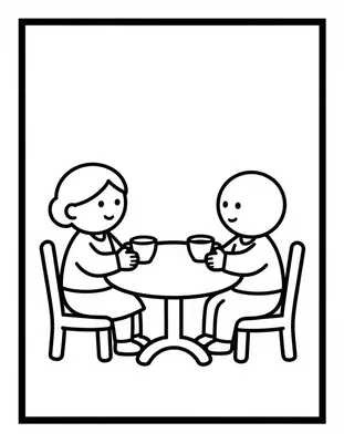 Kleurplaat van een oma en een kind die samen aan een tafel thee drinken uit twee kopjes.