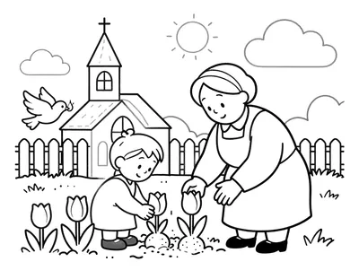 Kleurplaat van een oma en een kind die tulpenbollen planten in een tuin, met een kerk, een duif met vlammetje en een hek op de achtergrond.