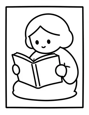 Kleurplaat van een oma met een boek dat ze voorleest, met een vriendelijk gezicht en een open boek in haar handen.
