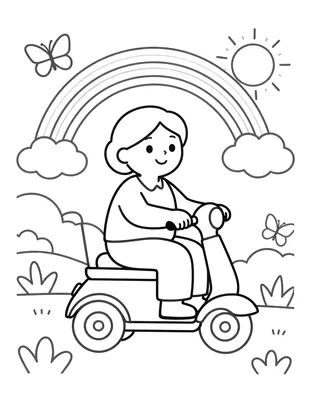 Kleurplaat van een oma die op een scootmobiel rijdt met vlinders en een regenboog aan de lucht.