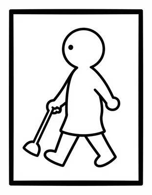 Kleurplaat van een oma met een wandelstok die rustig wandelt