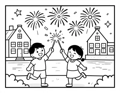 Kleurplaat van twee juichende kinderen met sterretjes in hun handen, met vuurwerk boven Nederlandse grachtenhuizen.